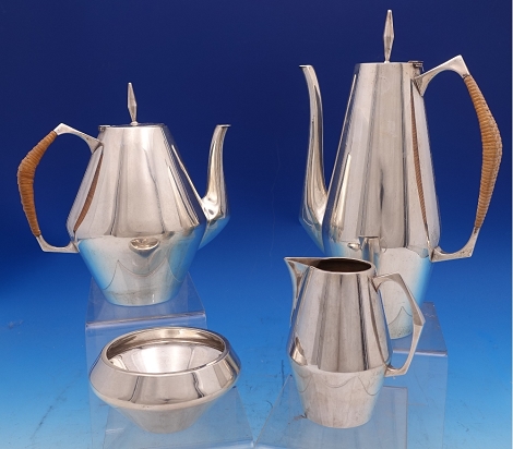 Tea Set 4-pc w/ rattan handle #440 sku#8794 - Diamond by Reed and Barton - Sterling